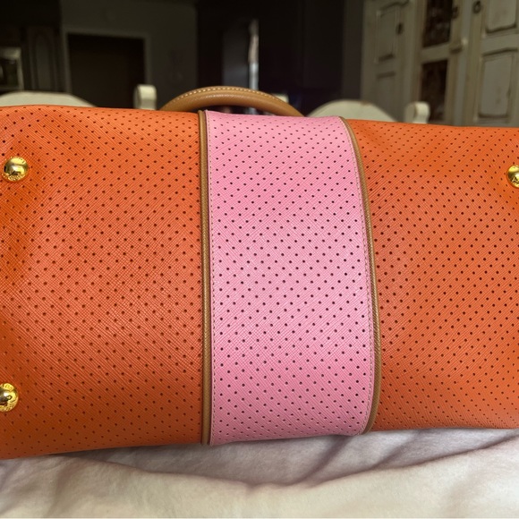 PRADA Boston Papaya Caramel Pink Saffiano Fori Perforated Satchel - Picture 10 of 13
